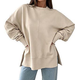 Women's Crew Neck Drop Shoulder Long Sleeve Oversized Relaxed Fit Side Slit Soft Sweatshirt