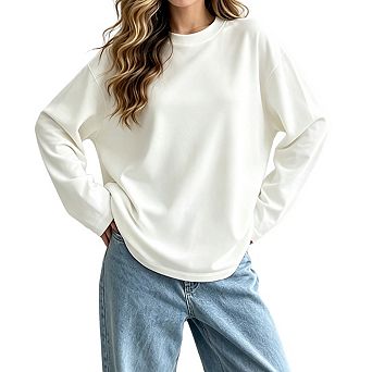 Women's Crew Neck Long Sleeve Oversized Relaxed Fit Loose Casual Basic Tee Top