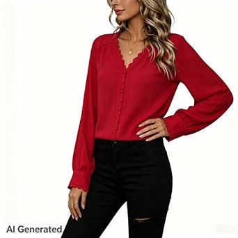 Women V Neck Lace Trim Front Button Casual Patchwork Blouse Long Sleeve Shirts