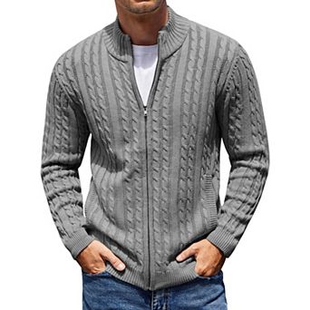 COOFANDY Men's Full Zip Cardigan Sweater Slim Fit Cotton Cable Knitted Zip Up Sweater with Pockets