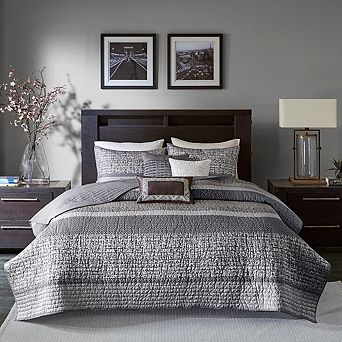 GDFStudio 6 pc Reversible Jacquard Quilt Set with Stripe Design & Pleated Pillows