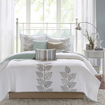 GDFStudio 6 pc Embroidered Quilt Set with Leaf Print & Embroidered Pillows
