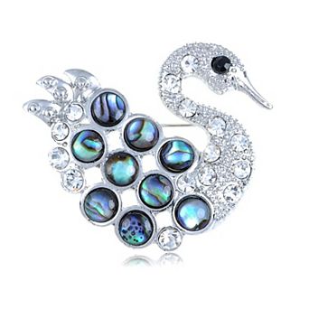 Women's Swan Crystal Rhinestone Brooch Pin with Iridescent Shell Inlay and Sculpted Feather Design