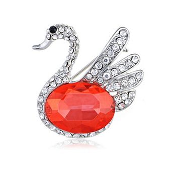 Women's Swan Crystal Rhinestone Brooch Pin with Faceted Oval Stone Body and Layered Wing Design
