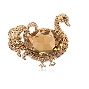 Women's Swan Crystal Rhinestone Brooch Pin with Faceted Oval Stone and Sculpted Feather Detailing