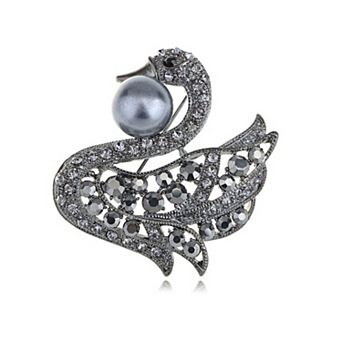 Women's Swan Crystal Rhinestone Brooch Pin with Pearl Accent and Filigree Wing Design