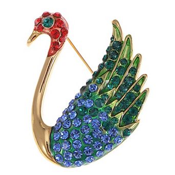 Women's Swan Crystal Rhinestone Brooch Pin with Layered Wing Design and Sculpted Neck