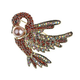 Women's Crystal Rhinestone Bird Brooch Pin with Pearl Accent and Layered Wing Detailing