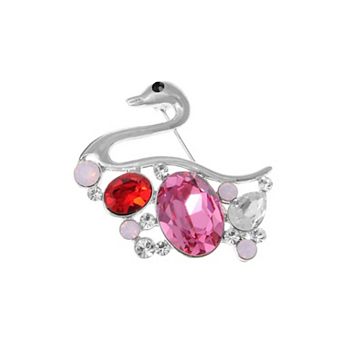 Swan Brooch with Mixed Oval Stones and Crystal Accent Detailing
