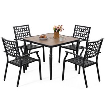 5 pc Rattan Metal Patio Dining Set with Umbrella Hole, Zippered Cushions