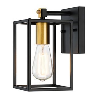 8.9 in Black and Antique Brass Wall Sconce with Open Frame Design