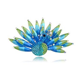 Peacock Brooch with Layered Enamel Feather Design and Crystal Pave Body
