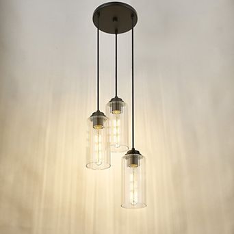 3-Light Modern Industrial Pendant Light with Ribbed Glass Shades, Adjustable Height