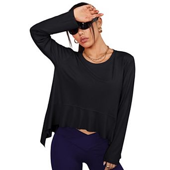Attraco Women Long Sleeve Workout Top Crew Neck Irregular Ruffle Hem Athletic Sports Shirt