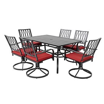 Nuu Garden Outdoor Dining Set, Iron Dining Table and Cushioned Swivel Chairs, Black and Red Color