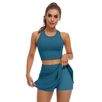 ATTRACO Women Racerback Crop Tank A Line Ruffle Tennis Skirt 2 pc Set Built In Shorts Pockets