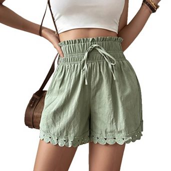 Women's Lace Trim Linen-Blend Shorts, Elastic High Waist Drawstring Loose-Fit Beach Casual Shorts