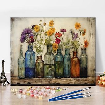 Paint by Numbers Kit Abstract Flowers and Bottles on Canvas with Acrylic Paint