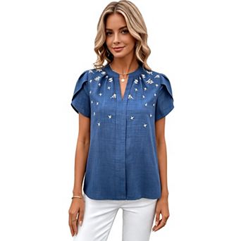 Women Short Sleeve V Neck Shirts Tops Loose Fit Summer Lightweight Solid Color Blouses