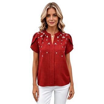 Women Short Sleeve V Neck Shirts Tops Loose Fit Summer Lightweight Solid Color Blouses