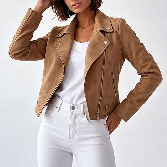 Women Faux Moto Jacket Asymmetric Zipper Lapel Collar Long Sleeve Cropped Outerwear Zip Pockets