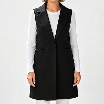 Women Sleeveless Long Vest Blazer Notched Lapel Single Button Waistcoat Outerwear with Side Pockets