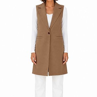 Women Sleeveless Long Vest Blazer Notched Lapel Single Button Waistcoat Outerwear with Side Pockets