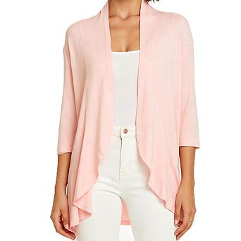 Women Open Front Cardigan 3 /4 Sleeve Draped Hem Lightweight Soft Knit Casual Cover Up Sweater