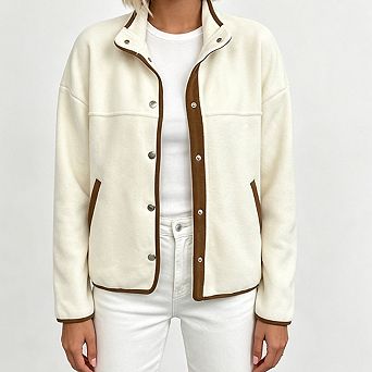 Women Fleece Snap Button Jacket Stand Collar Contrast Trim Long Sleeve Relaxed Fit Casual Outerwear