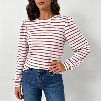 Women's Crew Neck Striped Puff Long Sleeve Textured Ribbed Tops, Business Casual Blouses
