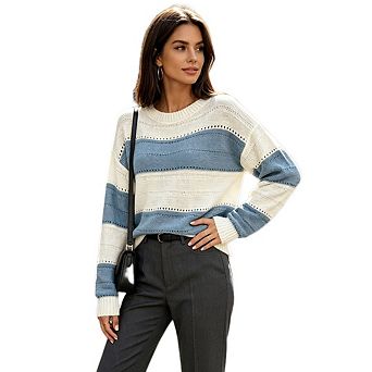 Women's Casual Crew Neck Hollow Out Striped Knit Top Long Sleeve Color Block Pullover Sweaters
