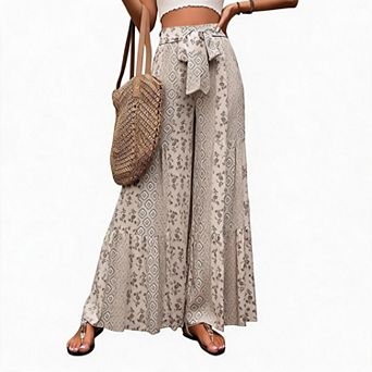 Women Wide Leg Pants Printed Tie Waist Bohemian Flared Vacation Trousers