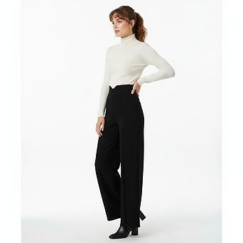Women Wide Leg Pants High Waist V Notch Front Seam Straight Formal Trousers