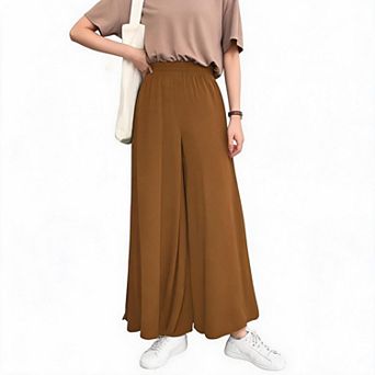 Women Wide Leg Pants Elastic High Waist Split Flowy Casual Culotte Trousers