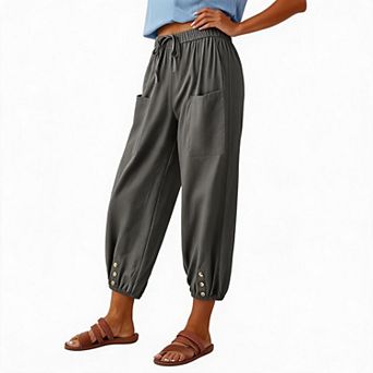 Women Casual Pants Drawstring High Waist Pocket Cropped Harem Trousers