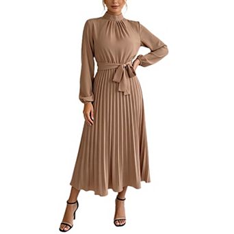 Women's Puff Long Sleeve Pleated Maxi Dress Mock Neck Belted Flowy A Line Guest Party Dresses