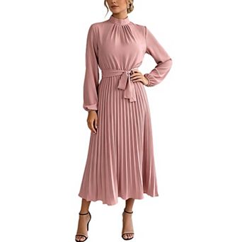Women's Puff Long Sleeve Pleated Maxi Dress Mock Neck Belted Flowy A Line Guest Party Dresses