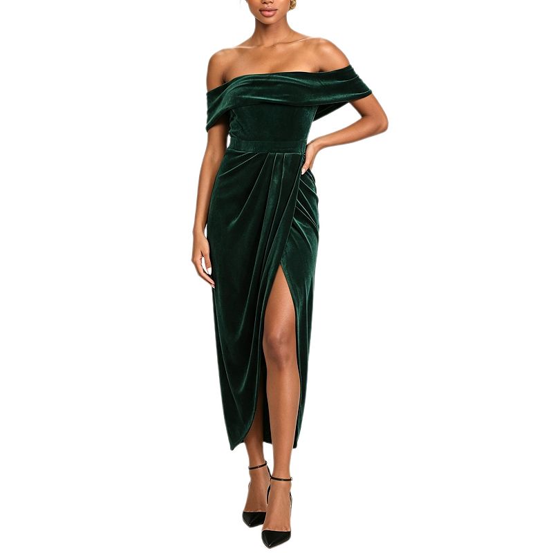 dark green velvet cocktail dress Women's Off Shoulder Midi Vintage Elegant Wrap Slit Party Pencil Dresses Cotton Square Neck Backless Color:PURPLE/GOLD This is a measurement elegant dark green dress segment: Suman New