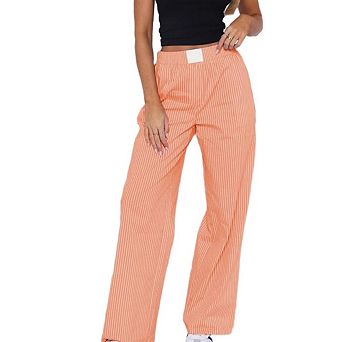 Women Vertical Stripe Wide Leg Pants Elastic High Waist Loose Straight Casual Trousers