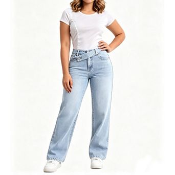 Women Straight Wide Leg Jeans Stretch Summer Fall Denim Pants Unique Waist Belt Casual Trousers