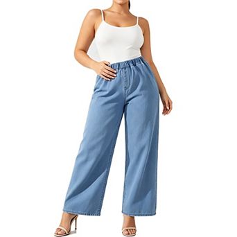 Women Plus Size Elastic Waist Straight Wide Leg Denim Pants Retro Loose Summer Fall Jeans Pockets