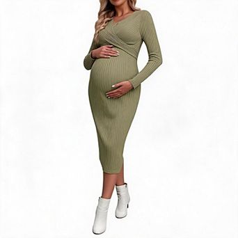 Women's Maternity Ribbed Twist-Front Midi Dress
