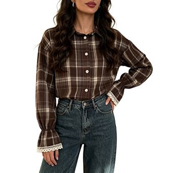 Women Casual Plaid Shirts Button Down Long Sleeve Lace Polo Collar Loose Fit Top