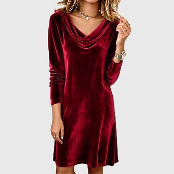 Womens Velvet Dress Casual Cowl Neck Long Sleeve Trendy Cocktail Party Work Dress
