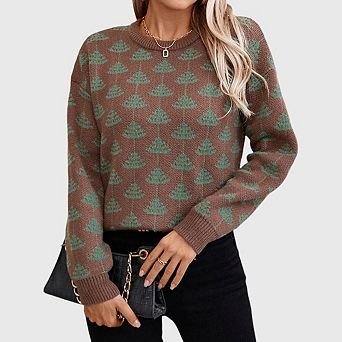 Women's Fall Leaf Jacquard Sweater Casual Crew Neck Floral Loose Long Sleeve Pullover Sweaters