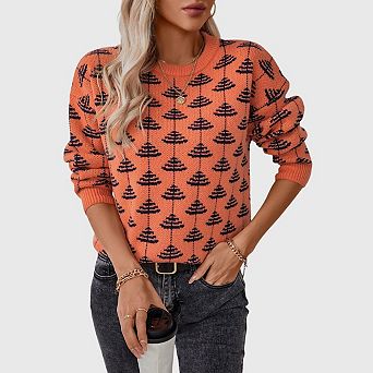 Women's Fall Leaf Jacquard Sweater Casual Crew Neck Floral Loose Long Sleeve Pullover Sweaters
