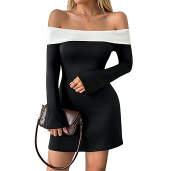 Women's Off The Shoulder Color Block Elegant Classy Long Sleeve Cocktail Mini Dress