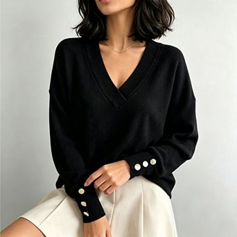 Womens v-Neck Lightweight Knit Pullover with Decorative Cuff Buttons Casual Fall Winter Sweater
