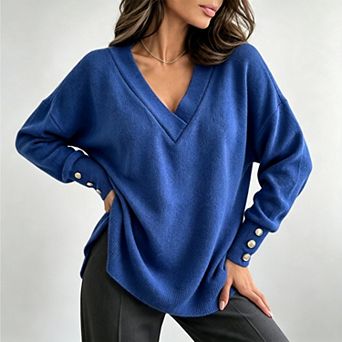 Womens v-Neck Lightweight Knit Pullover with Decorative Cuff Buttons Casual Fall Winter Sweater