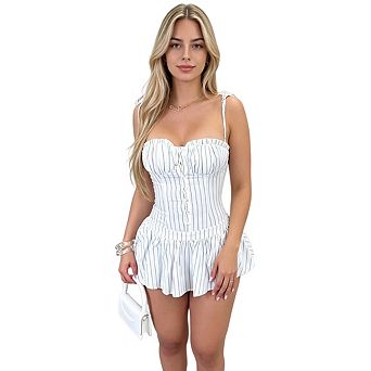 Women Low Cut Striped Sleeveless Boho Trendy Going Out Mini Dress